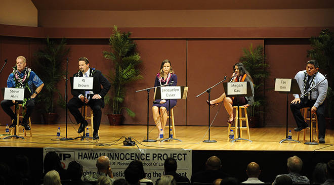BRUCE ASATO /BASATO@STARADVERTISER.COM
                                Five candidates for the Honolulu prosecutor’s seat debate for the first time in an event sponsored by the University of Hawaii William S. Richardson School of Law’s HI Innocence Project at the UH Orvis Auditorium Tuesday evening. The candidates are, left to right, former judge Steve Alm, former deputy prosecutor RJ Brown, deputy public defender Jacqueline Esser, former deputy prosecutor Megan Kau, and criminal defense attorney Tae Kim.