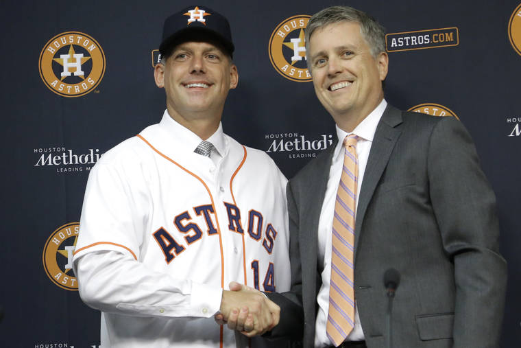 ASSOCIATED PRESS
                                Houston Astros general manager Jeff Luhnow, right, and A.J. Hinch posed after Hinch was introduced, in Sept. 2014, as the new manager of the baseball club in Houston. Hinch and Luhnow were fired today after being suspended for their roles in the team’s extensive sign-stealing scheme from 2017.