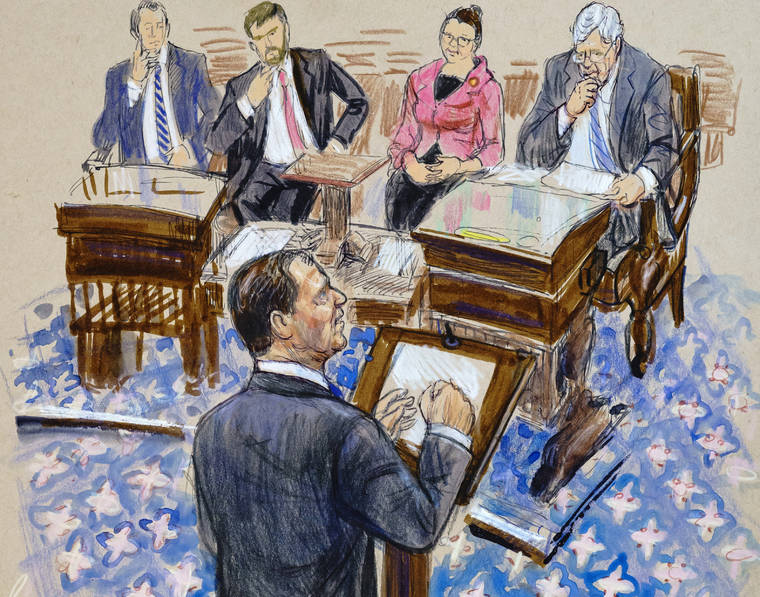 DANA VERKOUTEREN VIA AP
                                This artist sketch depicts House impeachment manager Rep. Adam Schiff, D-Calif., addressing the Senate during the impeachment trial of President Donald Trump on charges of abuse of power and obstruction of Congress, at the Capitol in Washington.