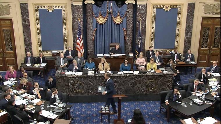 SENATE TELEVISION VIA AP
                                In this image from video, House impeachment manager Rep. Adam Schiff, D-Calif., walks from the podium as the Democrats finishing presenting their case during the impeachment trial against President Donald Trump in the Senate at the U.S. Capitol in Washington.