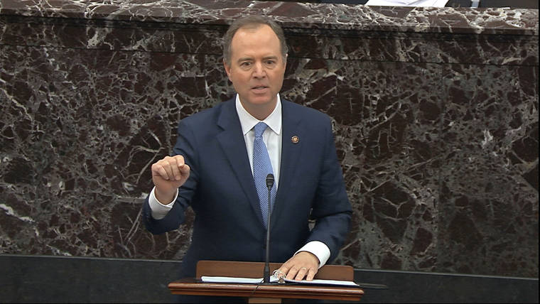 Senate Television via AP
                                In this image from video, House impeachment manager Rep. Adam Schiff, D-Calif., speaks during the impeachment trial against President Donald Trump in the Senate at the U.S. Capitol in Washington.