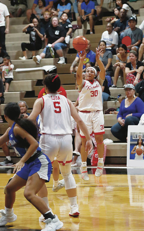 CINDY ELLEN RUSSELL / CRUSSELL@STARADVERTISER.COM
                                Kahuku’s Maya Claytor drained one of her five 3-pointers during Wednesday’s win over Moanalua.