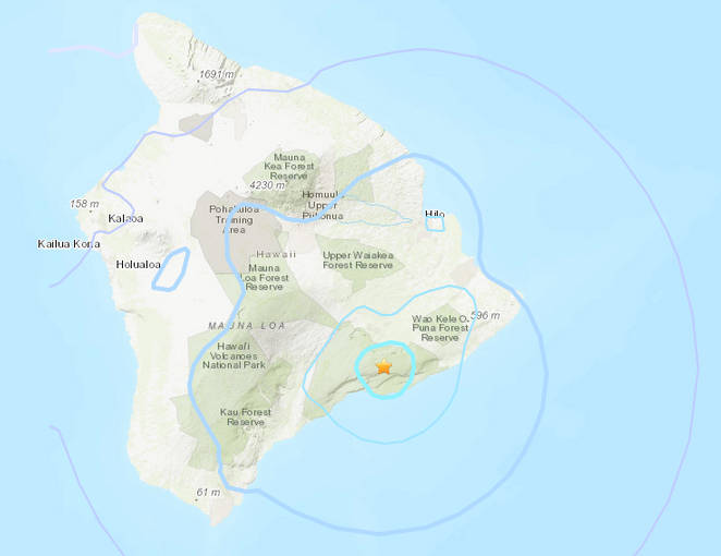 COURTESY USGS
                                This map shows the location of Sunday night’s weak earthquake on Kilauea’s southern flank.