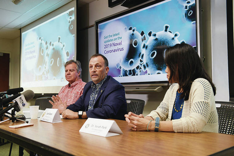BRUCE ASATO / BASATO@STARADVERTISER.COM
                                State Health Director Bruce Anderson, Lt. Gov. Josh Green and State Epidemiologist Dr. Sarah Park met with news media to provide an update to the 2019 Novel Coronavirus at the State Dept. of Health on Feb. 10.