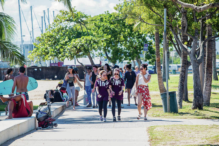 DENNIS ODA / 2019
                                During the 2003 SARS outbreak, the amount of Japanese visitors to Hawaii dropped 40%. Japanese tourists visit at Ala Moana Regional Park.