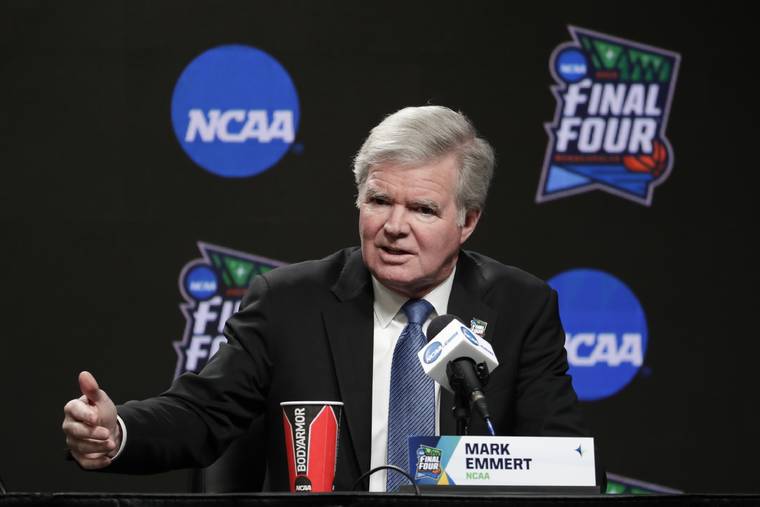 ASSOCIATED PRESS
                                NCAA President Mark Emmert answers questions at a news conference at the Final Four college basketball tournament in Minneapolis in 2019. As Congress considers whether to allow college athletes to receive endorsement money, the NCAA and its allies spent nearly $1 million last year lobbying lawmakers to shape any reforms to the organization’s liking.