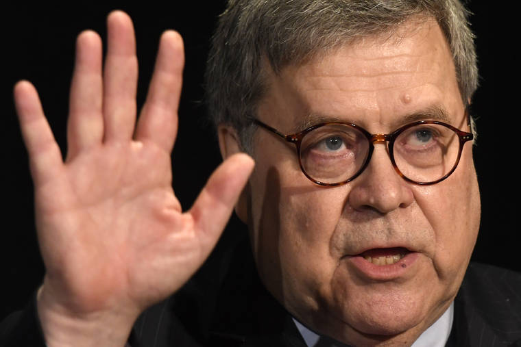 ASSOCIATED PRESS
                                Attorney General William Barr spoke, Feb. 10, at the National Sheriffs’ Association Winter Legislative and Technology Conference in Washington. Barr took a public swipe, today, at President Donald Trump, saying that the president’s tweets about Justice Department prosecutors and cases “make it impossible for me to do my job.”