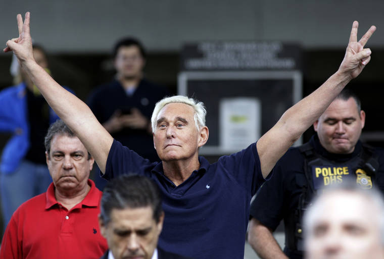 ASSOCIATED PRESS
                                Former campaign adviser for President Donald Trump, Roger Stone walked out of the federal courthouse, Jan. 25, 2019, following a hearing, in Fort Lauderdale, Fla. Roger Stone, a staunch ally of President Donald Trump, faces sentencing today on his convictions for witness tampering and lying to Congress.