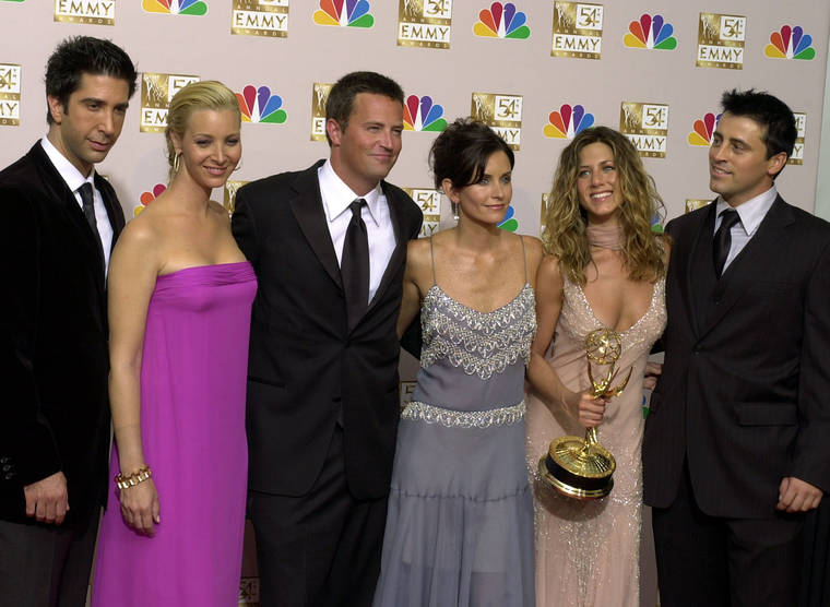 ASSOCIATED PRESS
                                The stars of “Friends,” from left, David Schwimmer, Lisa Kudrow, Matthew Perry, Courteney Cox Arquette, Jennifer Aniston and Matt LeBlanc pose with the award for outstanding comedy series at the 54th annual Primetime Emmy Awards in Los Angeles in 2002. WarnerMedia has announced the entire original cast of “Friends” will reunite for an unscripted special that will be available on HBO Max when the service debuts in May.