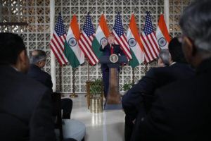 ASSOCIATED PRESS
                                President Donald Trump speaks with business leaders at a roundtable event at Roosevelt House in New Delhi, India.