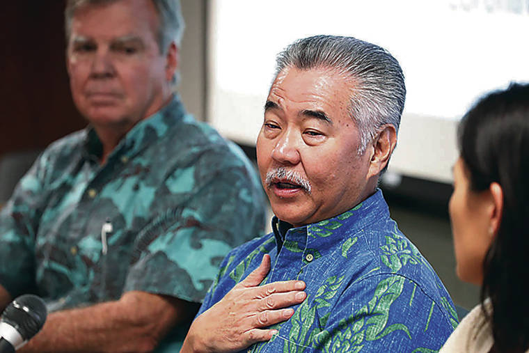 CINDY ELLEN RUSSELL / CRUSSELL@STARADVERTISER.COM
                                The state Department of Health held a news conference this afternoon about the male Japanese tourist, in his 60s, who tested positive for the COVID-19 virus after visiting Hawaii from late January to Feb. 7. Pictured is Gov. David Ige speaking; with him are Health Director Bruce Anderson and state Epidemiologist Sarah Park.