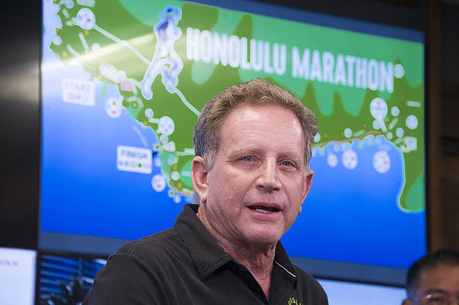 ASSOCIATED PRESS / Dec. 7, 2017
                                Honolulu Marathon president and CEO Dr. James Barahal, seen here at a 2017 news conference, has joined a chorus of former students who say a late University of Michigan doctor molested him during a medical examination in the 1970s.