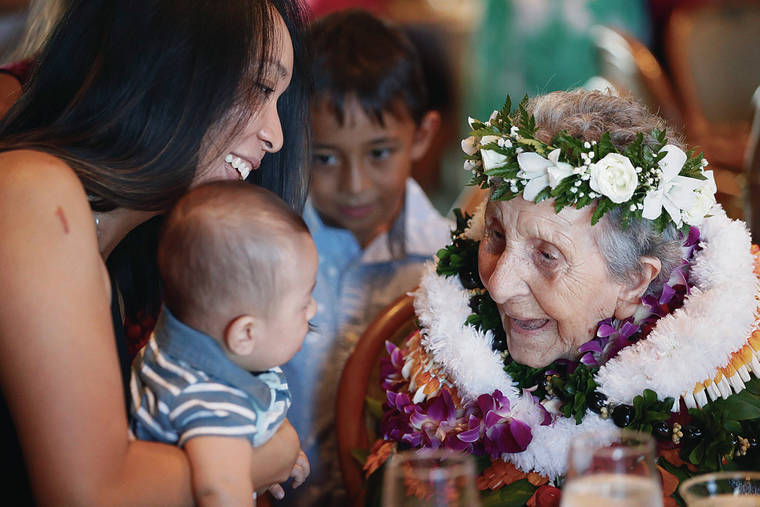 STAR-ADVERTISER
                                Florence Puana with her great-grandson Niko DeMello, 4 months, and his mother, Tina, at Puana’s 100th-birthday party last year at the Mid-Pacific Country Club.