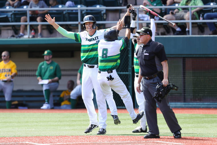 DARRYL OUMI / SPECIAL TO THE STAR-ADVERTISER
                                Hawaii’s Dallas Duarte (8) high fives Adam Fogel (18) and Scotty Scott (1) after crossing the plate to score a run.