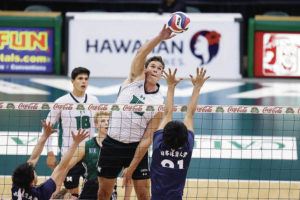 ANDREW LEE / SPECIAL TO THE STAR-ADVERTISER
                                Hawaii’s Patrick Gasman slams down a point over Nittaidai’s Shuto Kawaguchi on Wednesday. Hawaii swept Nittaidai 25-23, 25-23, 25-14 in a men’s volleyball exhibition on Friday.