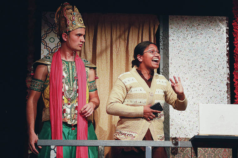 COURTESY INDIAN INK
                                Mrs. Krishnan (Kalyani Nagarajan) and her lodger James (Justin Rogers) welcome guests on stage for “Mrs. Krishnan’s Party,” a lively production by the Auckland, New Zealand theater company Indian Ink.