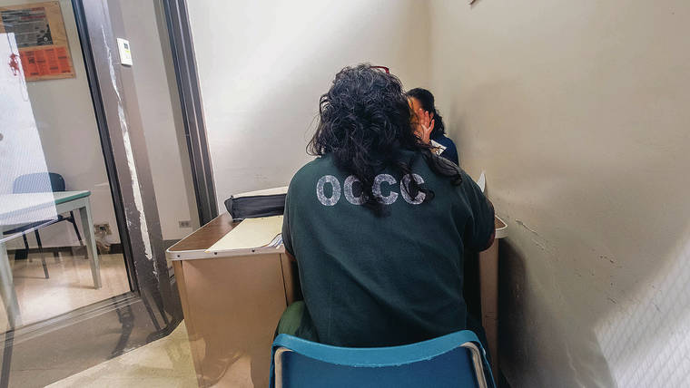 DENNIS ODA / NOV. 20
                                Among other issues related to COVID-19, the American Civil Liberties Union of Hawaii is concerned about how it might affect visitations. An OCCC inmate is shown talking to her lawyer in a visitation area.