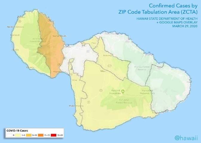 HAWAII DEPARTMENT OF HEALTH / GOOGLE MAPS / RYAN OZAWA
                                Map showing the distribution of COVID-19 cases on Maui as of March 30.