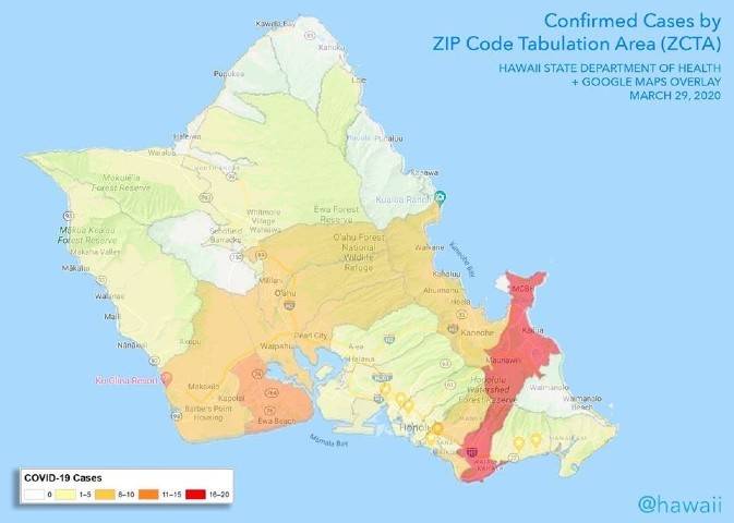 HAWAII DEPARTMENT OF HEALTH / GOOGLE MAPS / RYAN OZAWA
                                Map showing the distribution of COVID-19 cases on Oahu as of March 30.
