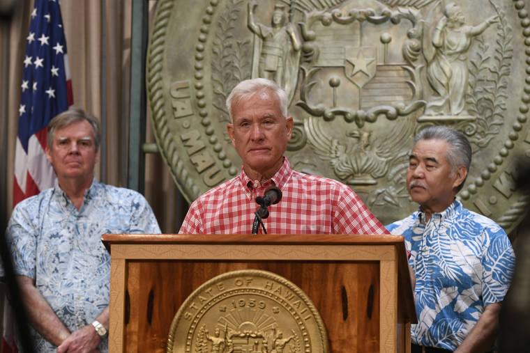 BRUCE ASATO / BASATO@STARADVERTISER.COM
                                Mayor Kirk Caldwell spoke at a news conference Sunday in Gov. David Ige’s office to provide updates on COVID-19.