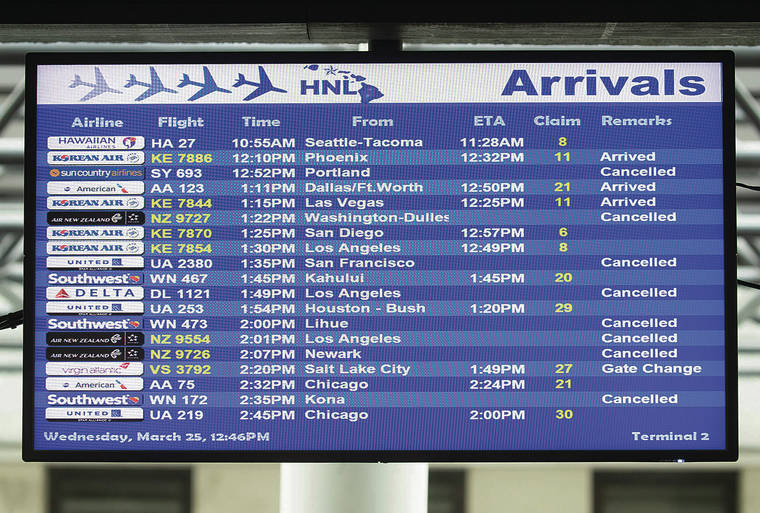 CINDY ELLEN RUSSELL / CRUSSELL@STARADVERTISER.COM 
                                A flight arrivals monitor showed a slew of canceled flights at the airport in Honolulu on Wednesday.