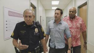 COURTESY CBS
                                While McGarrett (Alex O’Loughlin, center), pictured here with Sgt. Duke Lukela (Dennis Chun, left) and Capt. Lou Grover (Chi McBride, right), investigates a scheme to rob tourists, Tani (Meaghan Rath) helps Girard Hirsh (Willie Garson) prove the innocence of his elderly uncle (guest star Michael Nouri) when he’s suspected of murder.