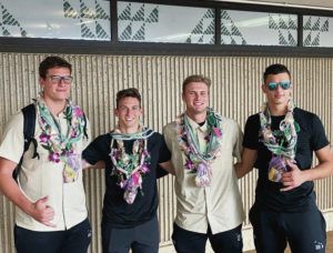 BRIAN MCINNIS / BMCINNIS@STARADVERTISER.COM
                                Hawaii men’s volleyball seniors Patrick Gasman, Colton Cowell, James Anastassiades and Rado Parapunov returned to Hawaii on Friday.