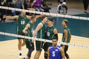 CINDY ELLEN RUSSELL / CRUSSELL@STARADVERTISER.COM
                                Hawaii outside hitter Filip Humler celebrated a kill with teammates during the second set against the BYU Cougars at tonight’s match.