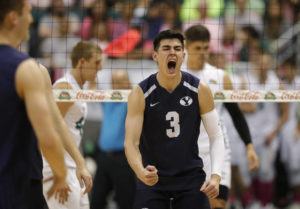 JAMM AQUINO / JAQUINO@STARADVERTISER.COM
                                BYU setter Wil Stanley reacts after the Cougars take the second set of the men’s volleyball game against the Hawaii Rainbow Warriors tonight.