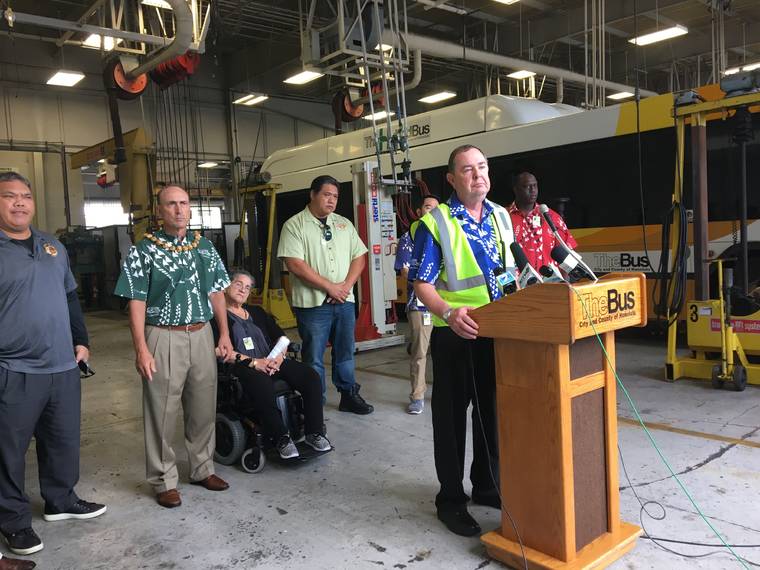 NINA WU / NWU@STARADVERTISER.COM.
                                Roger Morton, president and general manager of Oahu Transit Services, speaks to the press about enhanced cleaning procedures implemented in response to the novel coronavirus outbreak.