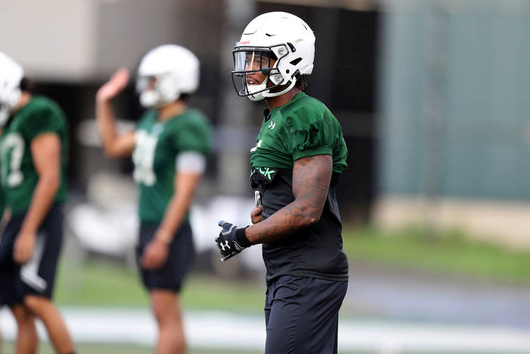 STAR-ADVERTISER / 2019
                                Hawaii’s Rojesterman Farris II (4) during a UH Football Practice at the University of Hawaii.