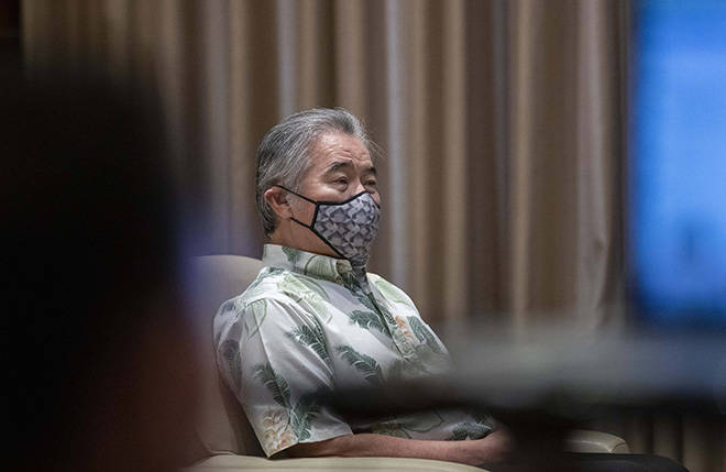 CINDY ELLEN RUSSELL / CRUSSELL@STARADVERTISER.COM
                                Gov. David Ige wore a mask prior to a press conference at the state Capitol on Tuesday.