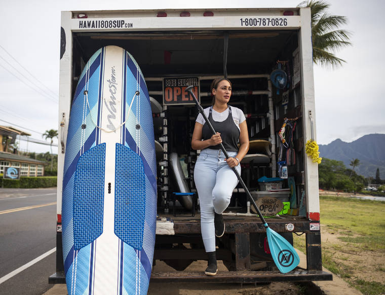 CINDY ELLEN RUSSELL / CRUSSELL@STARADVERTISER.COM
                                Jodi Kealoha, owner of 808 SUP, applied for unemployment in March. The struggling employer and single mother’s application is still pending, and she can’t get back into the system to certify her claim.