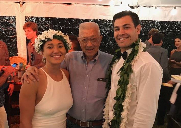 COURTESY RICH MIANO / 2017
                                Ben Yee, center, attended the wedding of surfer Carissa Moore and Luke Untermann. The longtime University of Hawaii football booster died today at age 88.