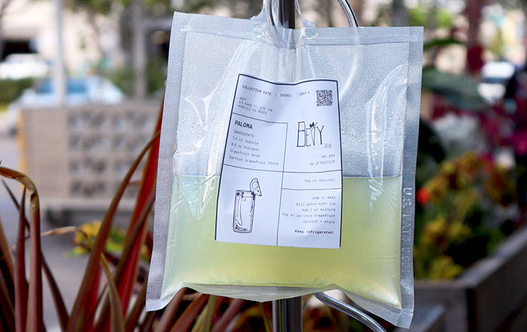 COURTESY BEVY
                                Bevy’s take on a paloma, a citrusy tequila drink with poblano chili flavoring, is among drinks packaged in bags to go.