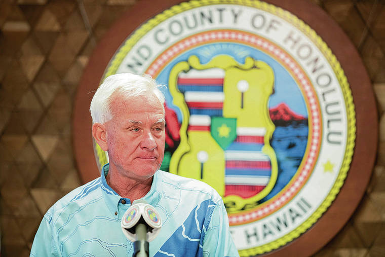 CINDY ELLEN RUSSELL / CRUSSELL@STARADVERTISER.COM
                                Honolulu Mayor Kirk Caldwell at a press conference at Honolulu Hale in April.