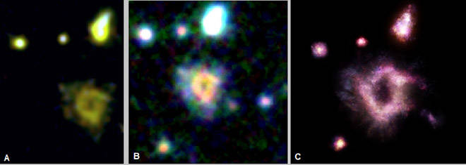 COURTESY IMAGES
                                Astronomers using the Keck Observatory on Mauna Kea and the Hubble Space Telescope have captured imagery of a rare galaxy from the early days of the universe. The galaxy, R5519, is about 11 billion light-years away. Left to right: A composite look at R5519 comprising images from the Hubble Space Telescope; a combined color image of the galaxy; and an artist rendering of R5519 by James Josephides of Swinburne Astronomy Productions.