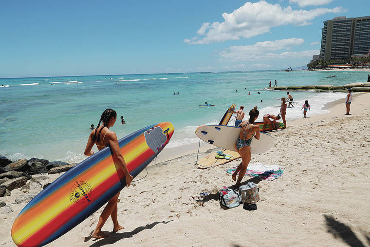 JAMM AQUINO / JAQUINO@STARADVERTISER.COM
                                Surfers carry their boards on the beach in Waikiki on Friday.