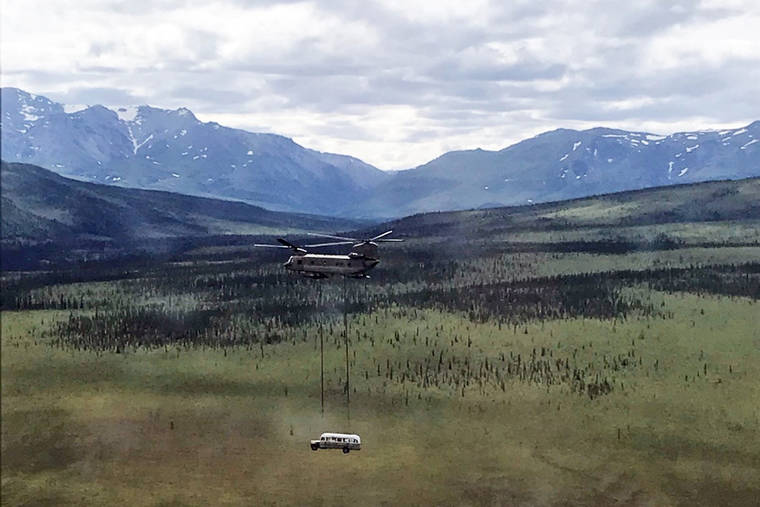 ASSOCIATED PRESS
                                In this photo released by the Alaska National Guard, Alaska Army National Guard soldiers use a CH-47 Chinook helicopter to airlift an abandoned bus, popularized by the book and movie “Into the Wild,” out of its location in the Alaska backcountry in light of public safety concerns, as part of a training mission today. Alaska Natural Resources Commissioner Corri Feige, in a release, said the bus will be kept in a secure location while her department weighs various options for what to do with it.