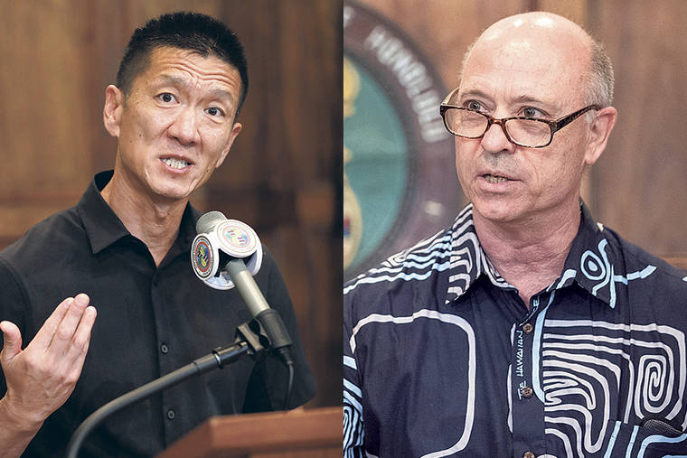 PHOTOS BY CINDY ELLEN RUSSELL / CRUSSELL@STARADVERTISER.COM
                                Attorney General Doug Chin, left, and former Judge Michael Broderick.