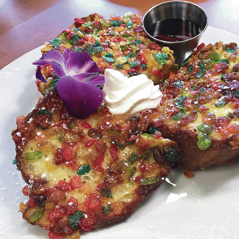 NADINE KAM / SPECIAL TO THE STAR-ADVERTISER
                                French toast is studded with Fruity Pebbles cereal.