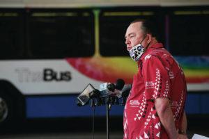 BRUCE ASATO / BASATO@STARADVERTISER.COM
                                Roger Morton, president and general manager of Oahu Transit Services Inc., answered questions Sunday about the confirmed COVID-19 case involving a bus operator.