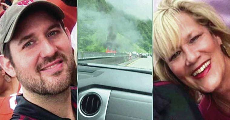 COURTESY JORDAN CARLTON
                                A composite image provided by the law offices of Rick Fried shows Jordan Carlton, left, and Becky Carlton, both of whom were inside a Kia Soul that caught fire, and a photo showing flames rising from the car, center.
