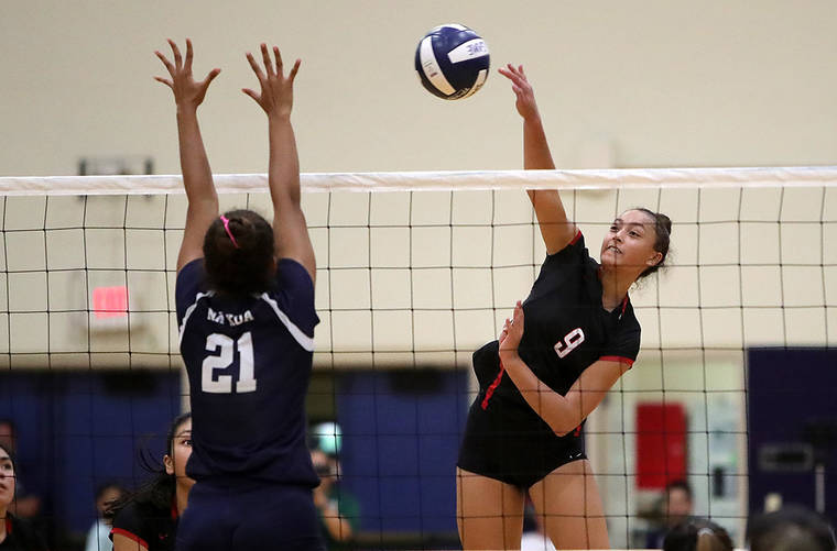 JAY METZGER/SPECIAL TO THE STAR-ADVERTISER / 2019
                                Iolani’s Elena Oglivie (9) hits against Kamehameha in a game in October. The former ‘Iolani volleyball standout was named to the 21-player U.S. Women’s Junior National Training Team on Wednesday.