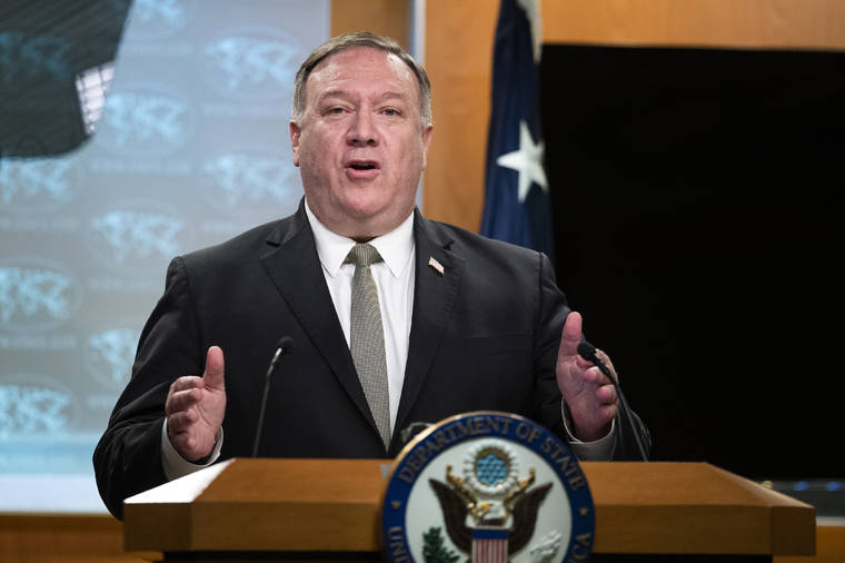 Secretary of State Mike Pompeo, speaks during a news conference at the State Department, Wednesday, July 1, 2020, in Washington. (AP Photo/Manuel Balce Ceneta, Pool)