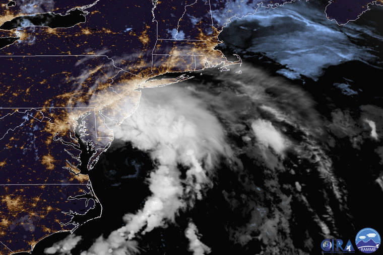 NOAA VIA AP
                                This GOES-16 satellite image taken at 9:30 UTC (5:30 a.m. EDT) on Friday shows Tropical Storm Fay as it moves closer to land in the northeast of the United States. Fay was expected to bring 2 to 4 inches (5 to 10 centimeters) of rain, with the possibility of flash flooding in parts of the mid-Atlantic and southern New England, The U.S. National Hurricane Center said in its 5 a.m. advisory.