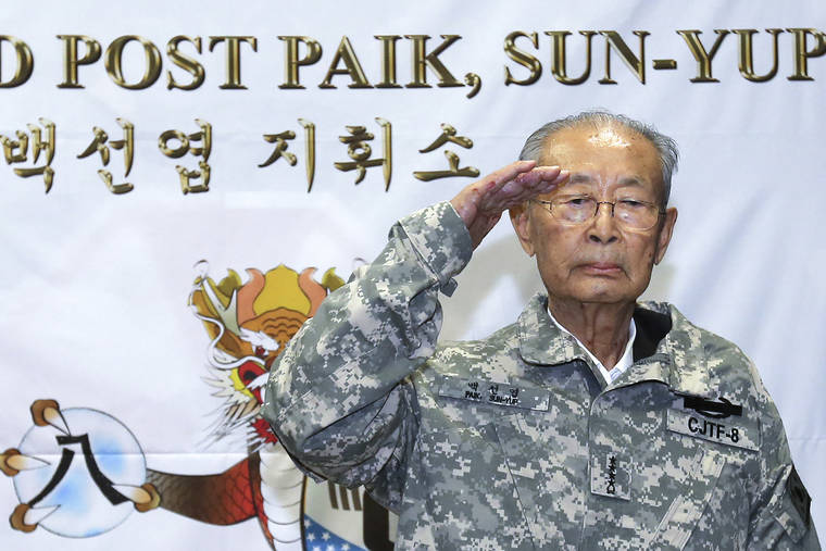 YONHAP VIA AP
                                Former South Korean army Gen. Paik Sun-yup salutes during a ceremony at the New Mexico Range in Paju, South Korea on Aug. 29, 2013. Paik who was celebrated as a major war hero for leading troops in several battle victories against North Korean soldiers during the 1950-53 Korean War, has died.