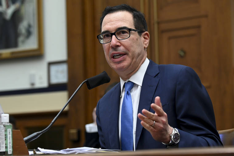 ASSOCIATED PRESS
                                Treasury Secretary Steven Mnuchin speaks during a House Small Business Committee hearing on oversight of the Small Business Administration and Department of Treasury pandemic programs on Capitol Hill in Washington today.