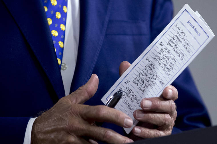 ASSOCIATED PRESS
                                The notes of Democratic presidential candidate former Vice President Joe Biden refer to Sen. Kamala Harris, D-Calif., among other things as he speaks at a campaign event at the William “Hicks” Anderson Community Center in Wilmington, Del., today.