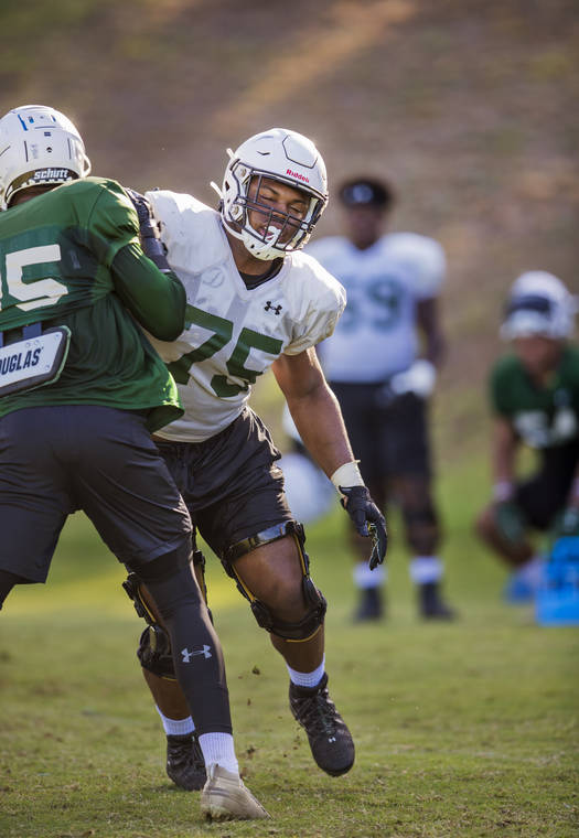 STAR-ADVERTISER / SEPT. 2019
                                Ilm Manning, white jersey, blocked Jeffery Keene during blocking drills at UH football practice. University of Hawaii offensive lineman Ilm Manning today was named to the Mountain West’s Pre-Season All-Conference team.